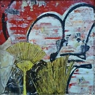 Chinatown Brooms by Ember Soberman | Encaustic paint, paper, plaster, wooden frame Chinatown Brooms